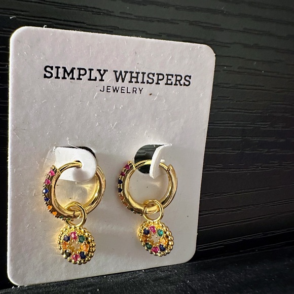 Simply Whispers Dainty Gold Huggies With Rainbow Gemstone Medallion New - Picture 1 of 3